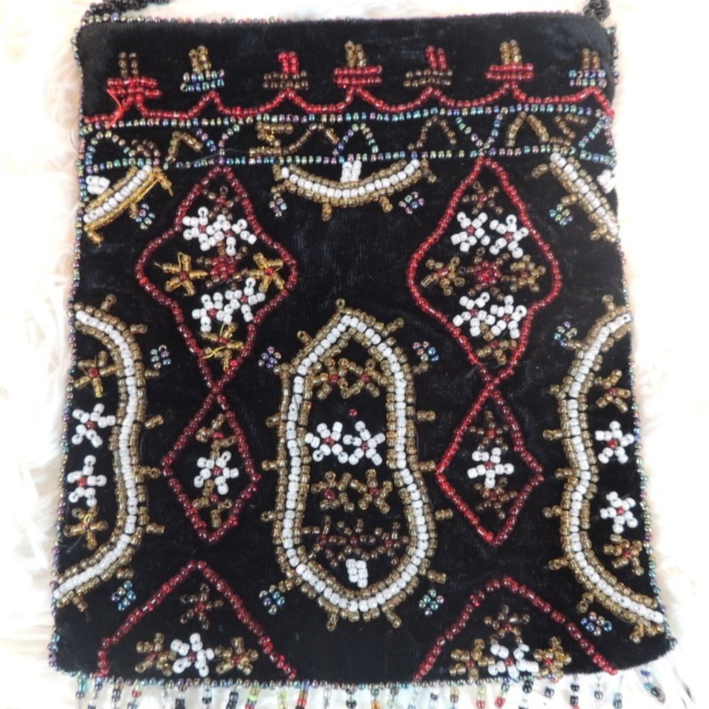 Black Velvet Beaded Crossbody Bag, Beaded Strap